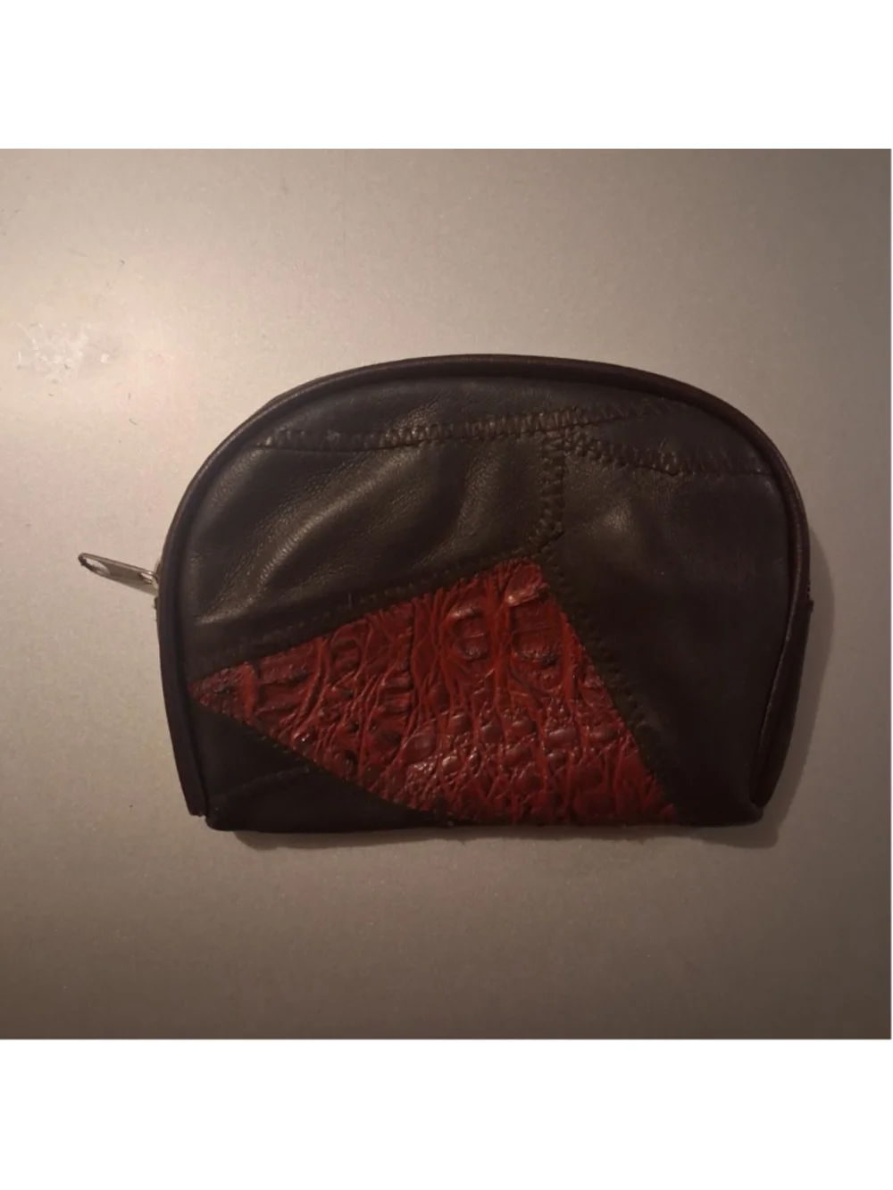 vintage Sharif patchwork zip pouch features a distinctive red crocodile-embossed